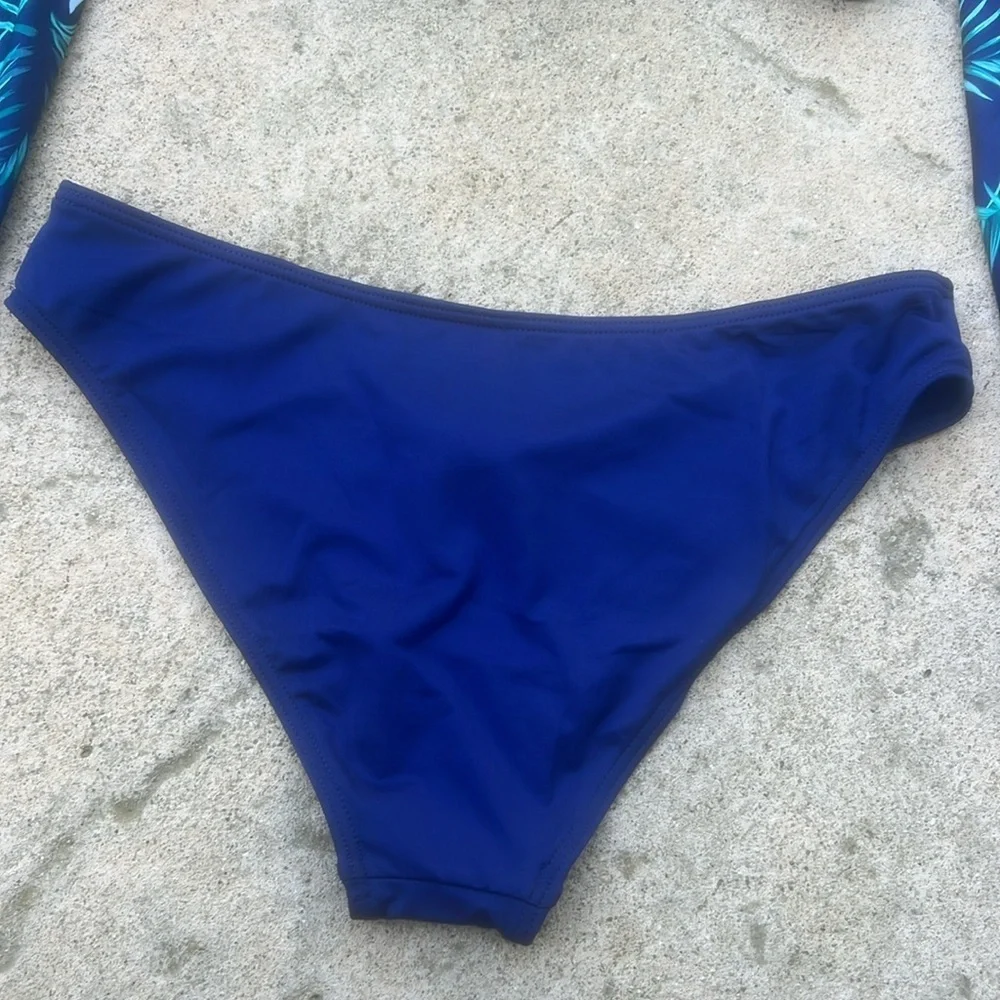 Cupshe Kaya Blue Tropical Crisscross Back Long Sleeve Bikini Women's Size NWT